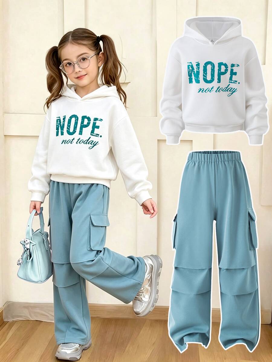 SHEIN Sparklyn 青少年女孩字母印花連帽衛衣與寬腿工裝褲兩件套休閒街頭風秋冬套裝 - 水鴨藍 - 查看 1