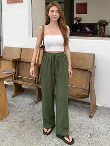 SHEIN Frenchy Women's Casual Solid Color Pants - Army Green - View 1