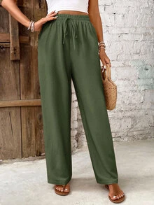 SHEIN Frenchy Women's Casual Solid Color Pants - Army Green - View 3