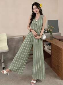 SHEIN Frenchy Women's Summer Casual French Elegant Sage Green Front Button Tank Top And Pants 2 Pieces Set,Summer Outfits For Women Brunch Vacation - Green - View 1