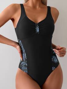 SHEIN Swim ملابس سباحة قطعة واحدة للنساء للصيف والشاطئ مع طباعة نباتية وتفاصيل كشكشة وظهر مفتوح وفتحة رقبة دائرية - الأزرق - مشاهدة 3