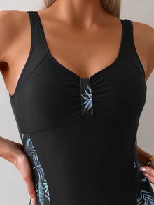 SHEIN Swim ملابس سباحة قطعة واحدة للنساء للصيف والشاطئ مع طباعة نباتية وتفاصيل كشكشة وظهر مفتوح وفتحة رقبة دائرية - الأزرق - مشاهدة 4