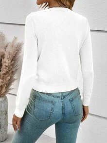 SHEIN Frenchy Women's Casual Solid Color Short Cardigan, Autumn,Long Sleeve Tops,Knitted Sweater Winter White - White - View 3