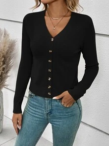 SHEIN Frenchy Women's Solid Color Single-Breasted Long Sleeve Cropped Casual Cardigan, Autumn/Winter,Long Sleeve Tops,Tops For School Black Business Office Business - Black - View 4