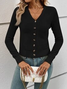 SHEIN Frenchy Women's Solid Color Single-Breasted Long Sleeve Cropped Casual Cardigan, Autumn/Winter,Long Sleeve Tops,Tops For School Black Business Office Business - Black - View 6