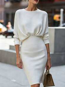 SHEIN Solid Batwing Sleeve Bodycon Dress - White - View 3