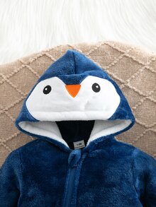 海軍藍企鵝印花刺繡新生兒加厚抓絨長袖長褲連身衣家居服 秋冬款 親子套裝 中性款 - 寶藍色 - 查看 6