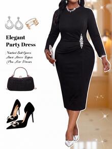 Fleurora Women's Sophisticated Black Bodycon Prom Dress With Embellished Waist And Long Sleeves Perfect For Evenings - Black - View 1