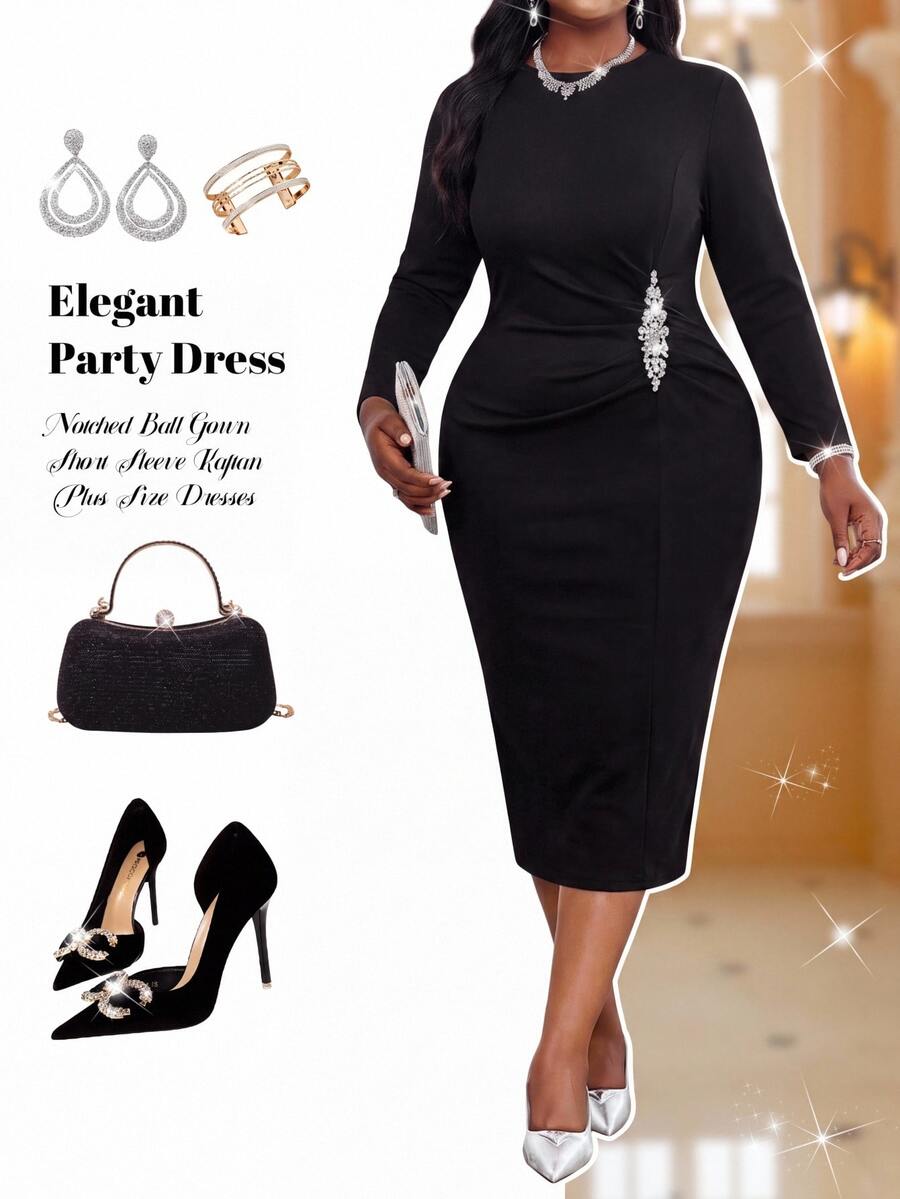 Fleurora Women's Sophisticated Black Bodycon Prom Dress With Embellished Waist And Long Sleeves Perfect For Evenings - Black - View 1