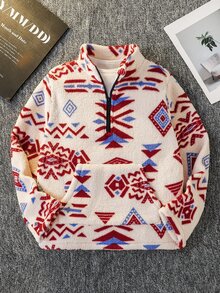 Tween Boy Casual Western Cowboy Vacation Style Geometric Pattern Kangaroo Pocket Half Zip Fleece Jacket, - Multicolor - View 3