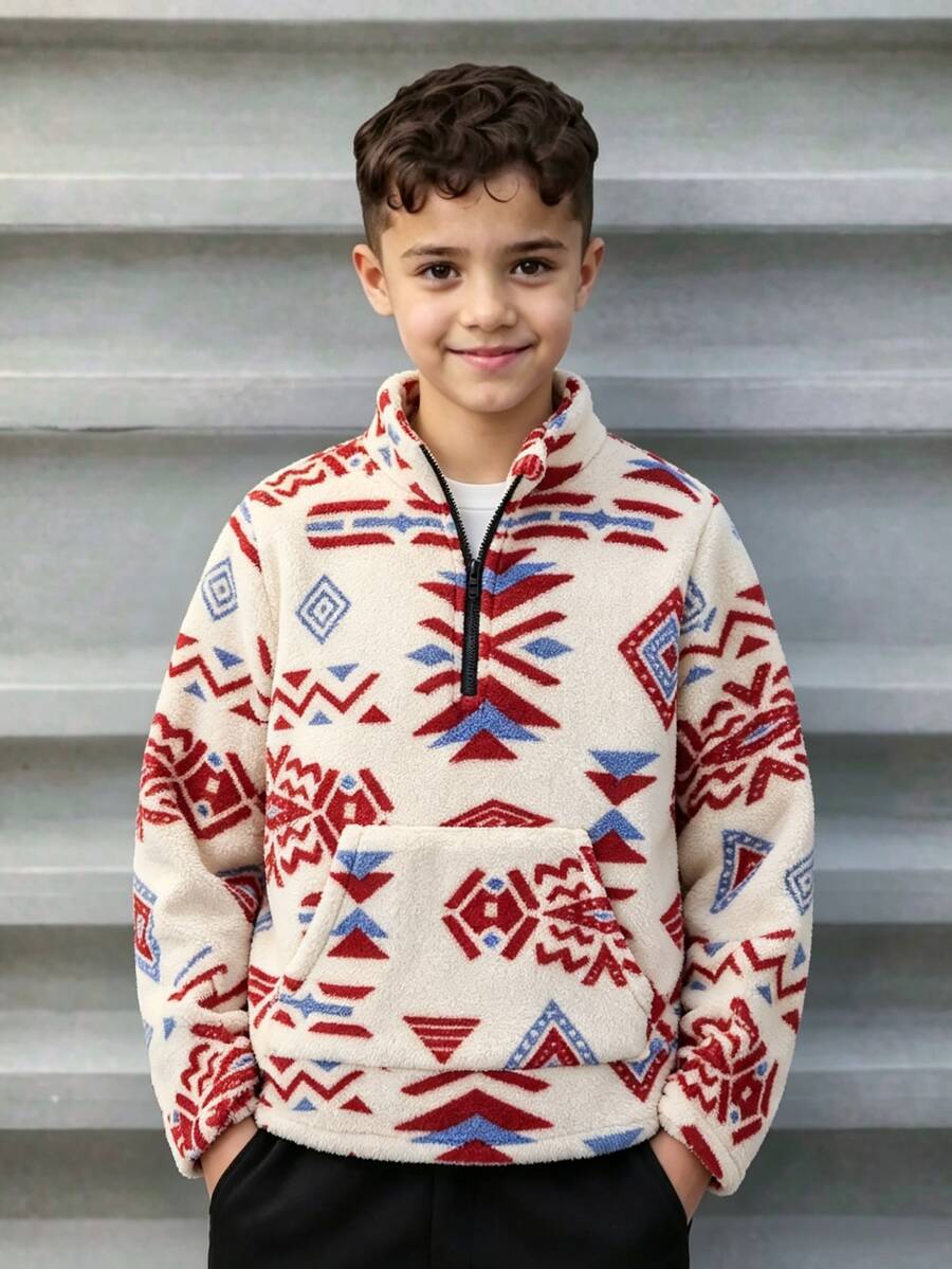 Tween Boy Casual Western Cowboy Vacation Style Geometric Pattern Kangaroo Pocket Half Zip Fleece Jacket, - Multicolor - View 1