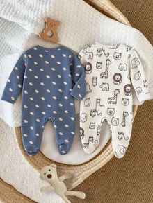 SHEIN Vintaside Kids Random 1 Autumn/Winter Sets Newborn 0-12 Months Jumpsuit Forest Style Cute Ditsy Floral With Chain Craft Contrast Color Fresh Style Long Sleeve - Multicolor - View 2