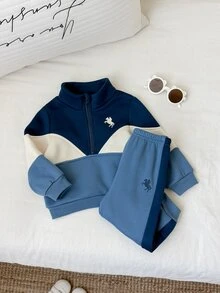 SHEIN 男嬰拼接配色針織柔軟圓領長袖套頭衛衣與鬆緊腰長褲兩件套，百搭舒適 - 彩色 - 查看 5