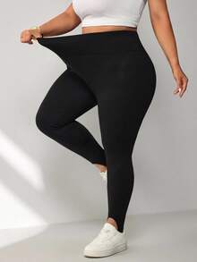 SHEIN CURVE+ Plus Size Women's Slim Fit Stirrup Leggings, Suitable For Halloween/Autumn/Winter Wear - Black - View 6