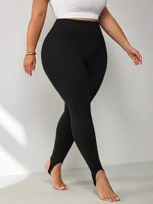 SHEIN CURVE+ Plus Size Women's Slim Fit Stirrup Leggings, Suitable For Halloween/Autumn/Winter Wear - Black - View 2