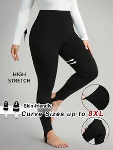 SHEIN CURVE+ Plus Size Women's Slim Fit Stirrup Leggings, Suitable For Halloween/Autumn/Winter Wear - Black - View 5