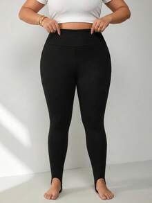 SHEIN CURVE+ Plus Size Women's Slim Fit Stirrup Leggings, Suitable For Halloween/Autumn/Winter Wear - Black - View 4
