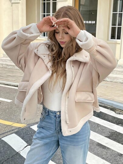 SHEIN Teen Girls Coats Autumn/Winter New Casual Apricot Lamb Fleece Shearling Lapel Jacket
