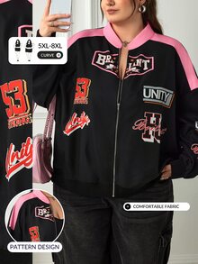 SHEIN CURVE+ Plus Size Women's Colorblock Long Sleeve Zip-Up Jacket (Autumn/Winter) Fall - Black - View 9