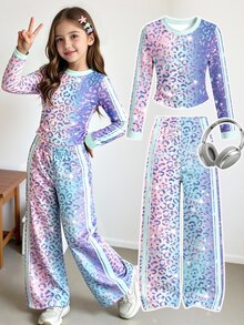 (1套) 秋季女童休閒時尚三色漸層亮片豹紋條紋圖案抽褶腰長袖T恤與寬腿褲 - 彩色 - 查看 1
