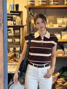 Serisse Women's Striped Colorblock Casual Daily Knit Top - Coffee Brown - View 1