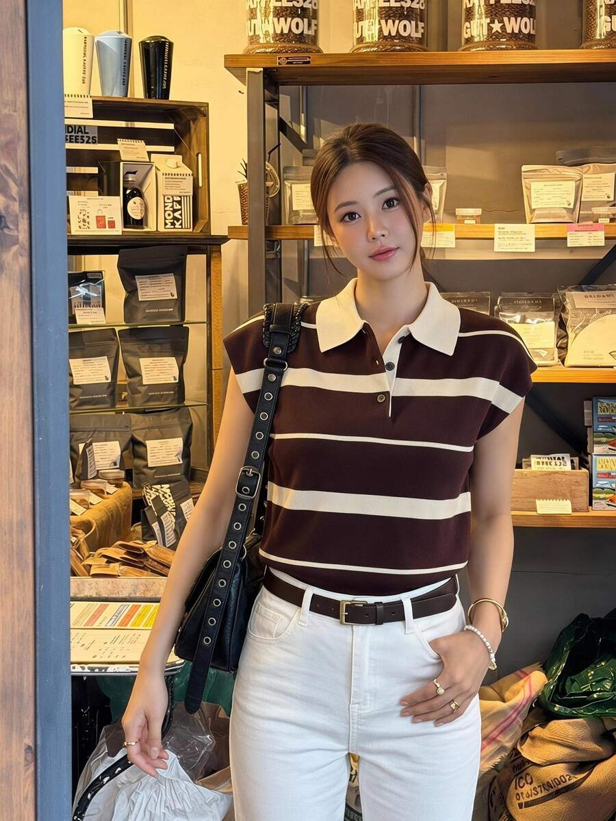 Serisse Women's Striped Colorblock Casual Daily Knit Top - Coffee Brown - View 1