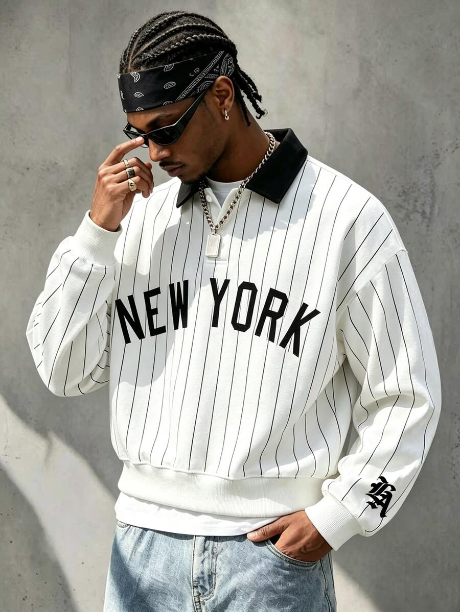 Manfinity Hypemode Men's Letter Stripe Long Sleeve Casual Polo Collar Pullover Sweatshirt - Multicolor - View 1