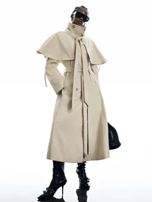 LYSMO Women's Solid Color Double-Breasted Cape Design Casual Elegant Trench Coat Office Dark Grey Autumn Office Outfits For Women - Khaki - View 4