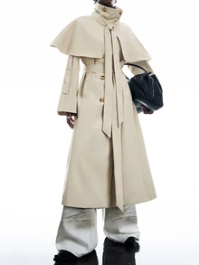 LYSMO Women's Solid Color Double-Breasted Cape Design Casual Elegant Trench Coat Office Dark Grey Autumn Office Outfits For Women - Khaki - View 8