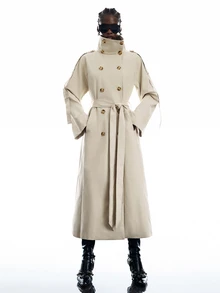 LYSMO Women's Solid Color Double-Breasted Cape Design Casual Elegant Trench Coat Office Dark Grey Autumn Office Outfits For Women - Khaki - View 5