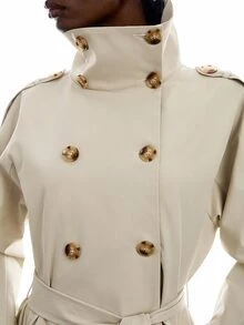 LYSMO Women's Solid Color Double-Breasted Cape Design Casual Elegant Trench Coat Office Dark Grey Autumn Office Outfits For Women - Khaki - View 9