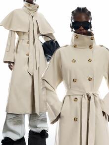 LYSMO Women's Solid Color Double-Breasted Cape Design Casual Elegant Trench Coat Office Dark Grey Autumn Office Outfits For Women - Khaki - View 1