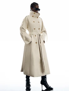 LYSMO Women's Solid Color Double-Breasted Cape Design Casual Elegant Trench Coat Office Dark Grey Autumn Office Outfits For Women - Khaki - View 6