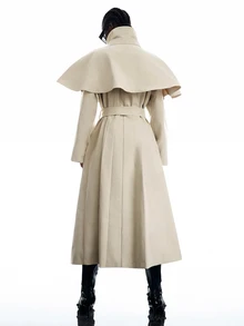 LYSMO Women's Solid Color Double-Breasted Cape Design Casual Elegant Trench Coat Office Dark Grey Autumn Office Outfits For Women - Khaki - View 2