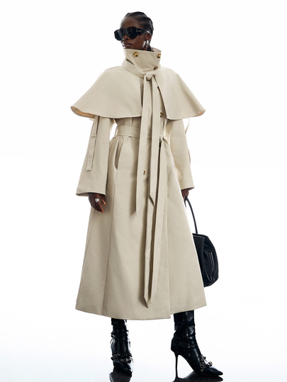 LYSMO Women's Solid Color Double-Breasted Cape Design Casual Trench Coat