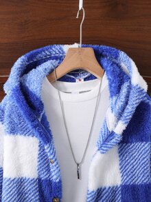 SHEIN 青少年男孩水牛格紋毛絨抓絨連帽外套，鈕扣前襟休閒保暖長袖格子外套，適合秋冬日常穿著 - 藍色 - 查看 4
