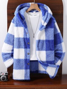 SHEIN 青少年男孩水牛格紋毛絨抓絨連帽外套，鈕扣前襟休閒保暖長袖格子外套，適合秋冬日常穿著 - 藍色 - 查看 3