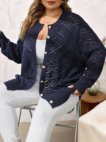 SHEIN CURVE+ 大尺碼鏤空素色極簡休閒長袖開襟衫，適合秋冬女裝 - 藏蓝色 - 查看 5