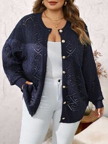 SHEIN CURVE+ 大尺碼鏤空素色極簡休閒長袖開襟衫，適合秋冬女裝 - 藏蓝色 - 查看 4