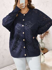 SHEIN CURVE+ 大尺碼鏤空素色極簡休閒長袖開襟衫，適合秋冬女裝 - 藏蓝色 - 查看 6
