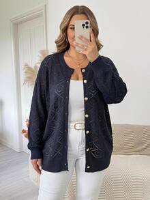 SHEIN CURVE+ 大尺碼鏤空素色極簡休閒長袖開襟衫，適合秋冬女裝 - 藏蓝色 - 查看 10