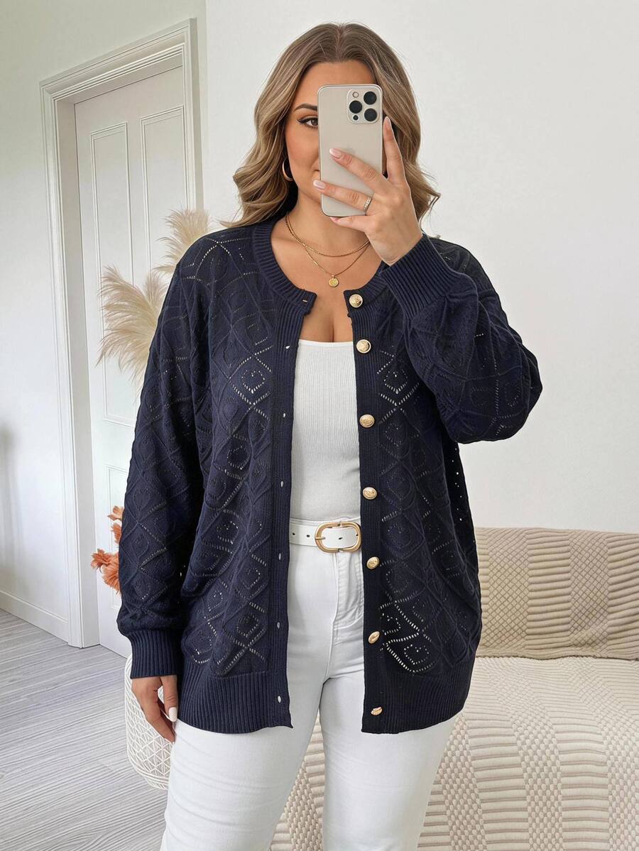 SHEIN CURVE+ كارديجان كاجوال بسيط بأكمام طويلة بلون موحد وتصميم مفرغ، مناسب لملابس النساء في الخريف/الشتاء، مقاس كبير - أزرق بحري - مشاهدة 1