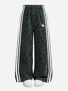 Twen 女孩休閒豹紋側條紋運動長褲，返校秋季款 - 彩色 - 查看 3