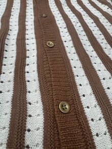 Manfinity Homme Men's Colorblock Brown Striped Short Sleeve Knit Top Holiday Vacation Beach Hawaii Tropical Swim Bathing Blue And White Summer Casual 90s Classy - Brown - View 4