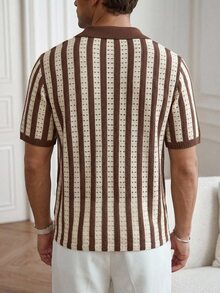 Manfinity Homme Men's Colorblock Brown Striped Short Sleeve Knit Top Holiday Vacation Beach Hawaii Tropical Swim Bathing Blue And White Summer Casual 90s Classy - Brown - View 2