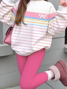 Tween女孩可愛條紋與蝴蝶結圖案，奶油粉色，圓領衛衣與鬆緊腰長褲套裝，適合秋冬保暖，日系可愛舒適秋冬新款 - 彩色 - 查看 6
