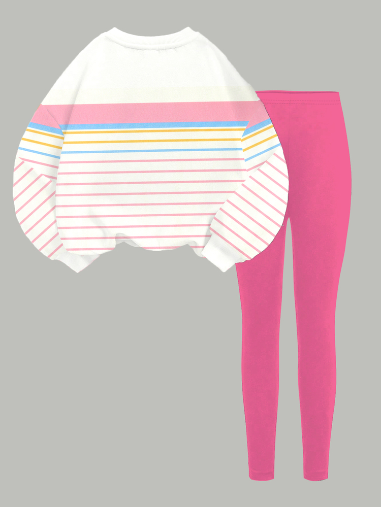 Tween Girls Cute Striped & Bow Pattern, Creamy Pink, Crew Neck Sweatshirt & Elastic Waist Long Pants Set, Suitable For Autumn/Winter Chill, Kawaii, Cozy Fall & Winter Styles, Fall New Style - Multicolor - View 3