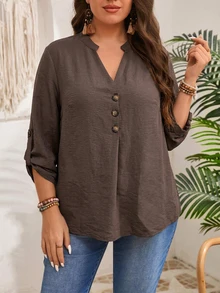 EMERY ROSE Kemeja dan lengan wanita ukuran besar berwarna kopi dengan kerah tegak kecil ini ramping, serbaguna, lembut, dan nyaman sepanjang tahun. Musim Gugur - Coffee Brown - View 3