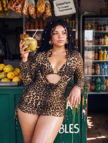 Slaydiva Plus Size Women's Summer Beach Vacation Leopard Print Halter Bikini Set With Cover-Up Top And Cover-Up Skirt Pink Leopard Print Sexy Greek Goddess - Multicolor - View 1