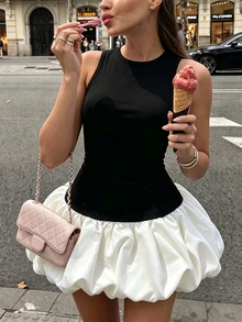 SHEIN PETITE 女款拼色泡泡下擺針織洋裝，附腰部綁帶，優雅雞尾酒洋裝，適合婚禮日派對活動，Zoey Apparel 小碼女裝 - 黑與白 - 查看 3